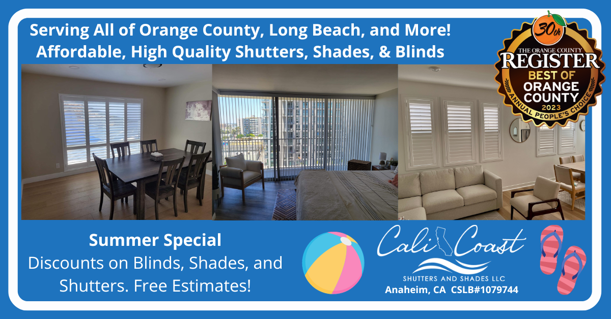 Banner with 3 photos of shutters and shades along with an advertisement for discounts on shutters, shades, and blinds and free estimate. Contractors License number 1079744