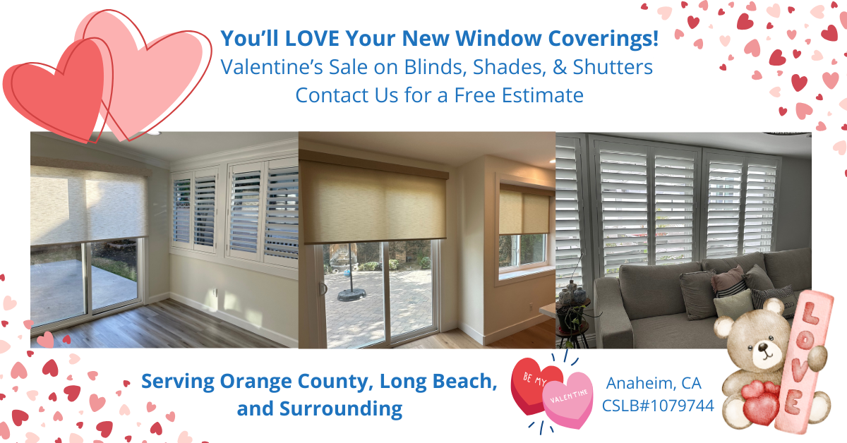 Opening banner for Cali Coast Shutters and Shades stating we serve Orange County, Long Beach, and surrounding. It also states we're from Anaheim, CA and our contractors License number is 1079744 along with photos of our installations of roller shades and shutters.